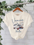 Women'WB shield Venice Italy Print Round Neck Tee, Fashion Casual Short Sleeve T-shirt, Ladies Summer TNF for Daily Wear,...