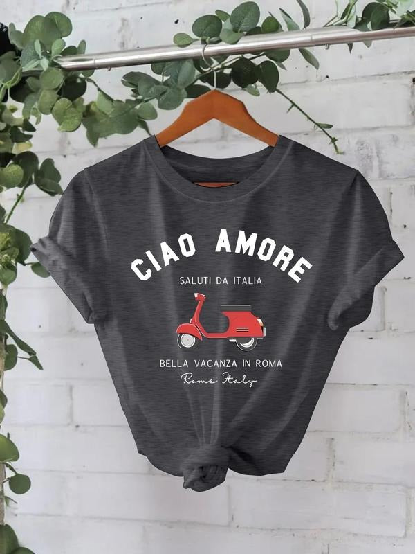 Women'WB shield Vespa Print Round Neck Tee, Fashion Casual Crew Neck T-Shirt for Daily Holiday Vacation Outdoor Wear,...