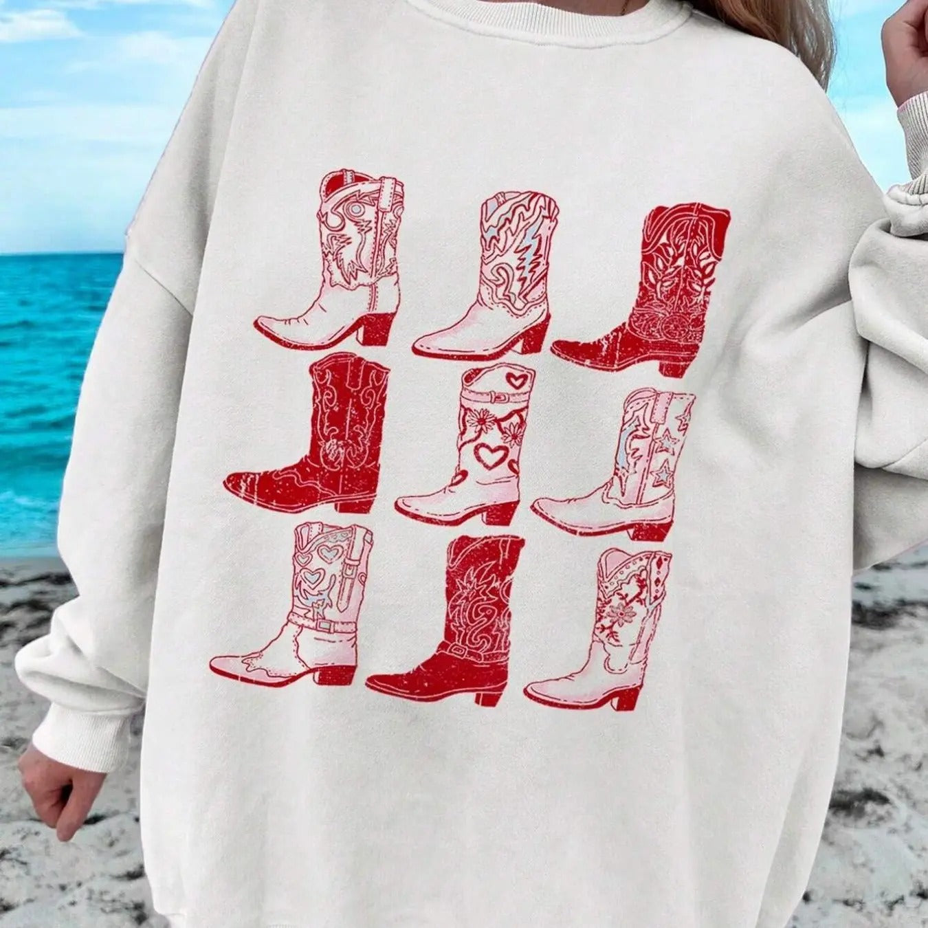 Women'WB shield Vintage Boot Print Drop Shoulder Sweatshirt, Casual Long Sleeve Round Neck Pullover for Daily Wear,...