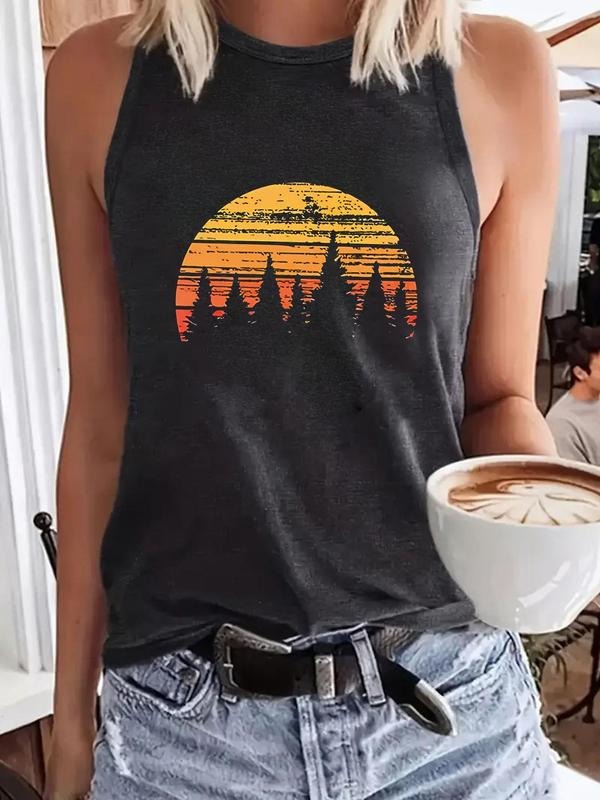 Women'WB shield Vintage Camping Pattern Round Neck Tank Top, Casual Sleeveless Top for Summer, Ladies TNF for Daily Wear,...