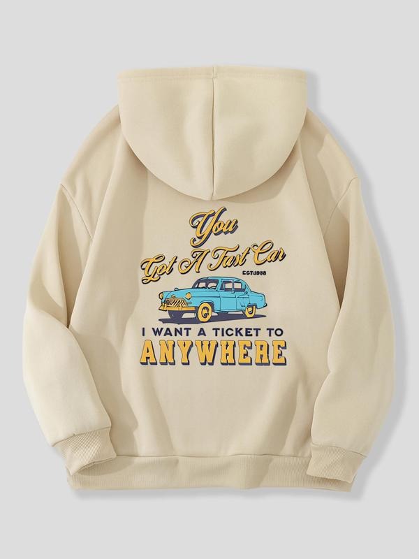 Women'WB shield Vintage Car & Letter Print Drawstring Hoodie, Casual Long Sleeve Hooded Sweatshirt, Women'WB shield Fall...
