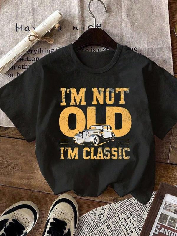 Women'WB shield Vintage Car & Letter Print Round Neck Tee, Casual Short Sleeve Crew Neck Graphic T-Shirt for Summer,...