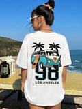 Women'WB shield Vintage Car & Palm Tree Print Round Neck Tee, Casual Letter T-shirt for Summer, Ladies TNF for Daily Wear...