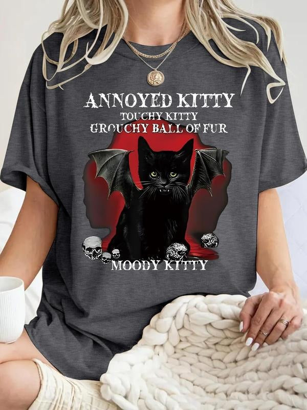 Women'WB shield Vintage Cat Print Round Neck Tee, Fashion Casual Crew Neck T-Shirt for Daily Holiday Vacation Outdoor...
