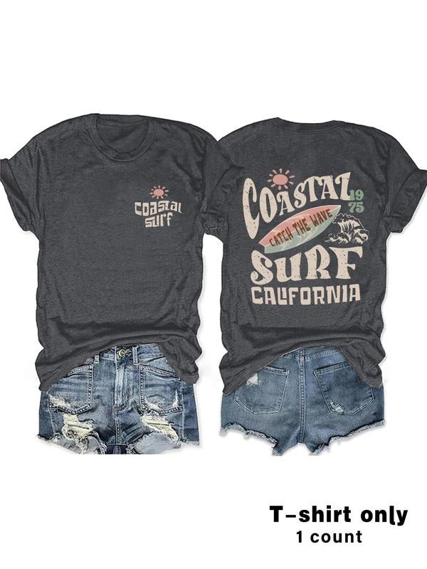 Women'WB shield Vintage Coastal Surf California Print Round Neck Graphic Tee, Casual Fashion Short Sleeve T-shirt for...