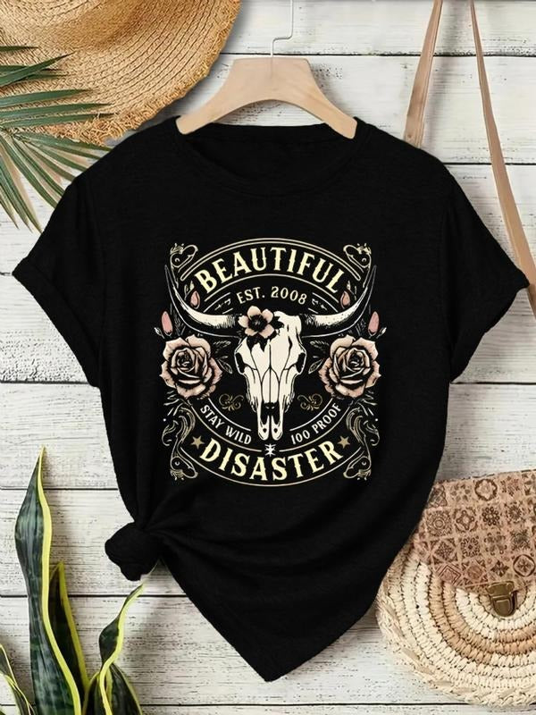 Women'WB shield Vintage Cowboy & Bull Head Print Round Neck Tee, Fashion Casual Crew Neck T-shirt for Daily Holiday...