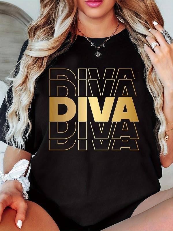 Women'WB shield Vintage Diva Letter Print Round Neck Tee, Fashion Casual Crew Neck T-Shirt for Daily Holiday Vacation...