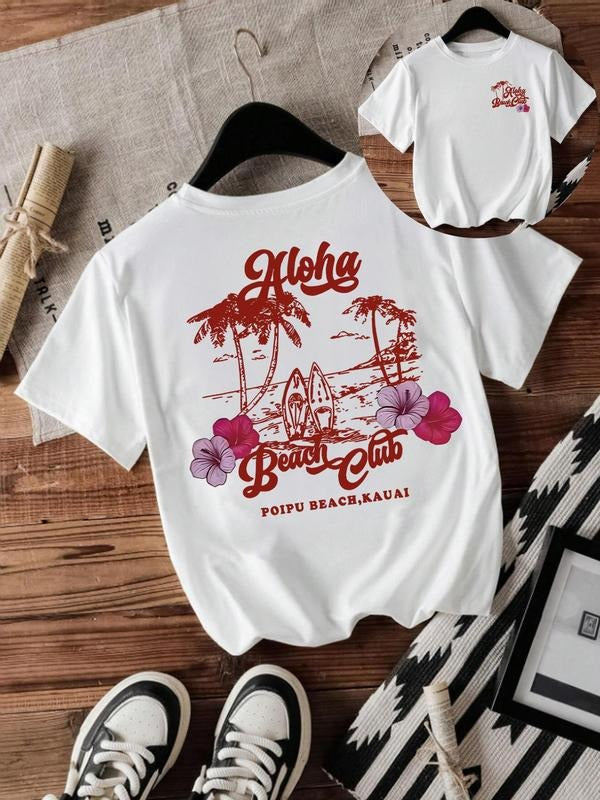 Women'WB shield Vintage Floral & Palm Tree Print Round Neck Tee, Casual Short Sleeve T-shirt for Summer, Ladies TNF for...