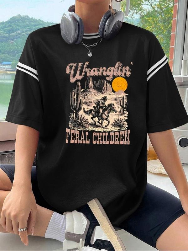 Women'WB shield Vintage Letter & Cowboy Print Round Neck Tee, Casual Graphic Short Sleeve T-Shirt for Daily Wear, Ladies...