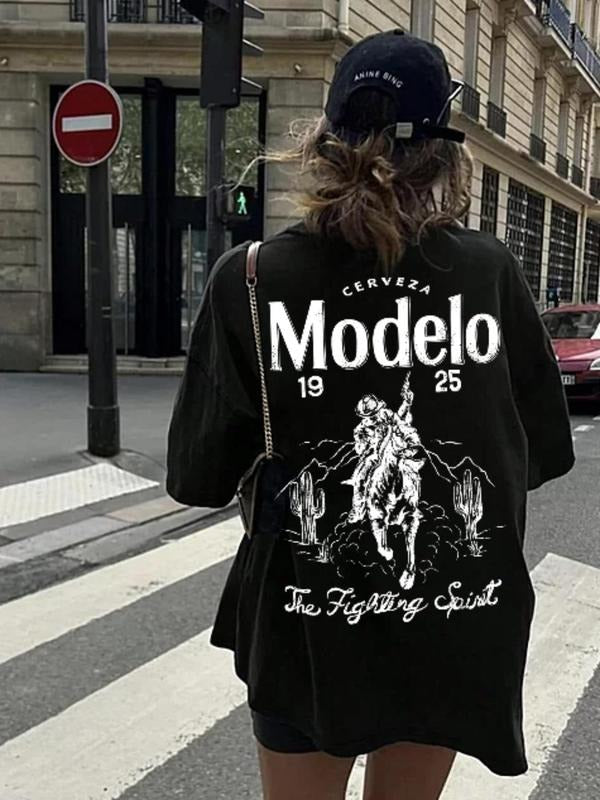 Women'WB shield Vintage Letter & Horse Print Round Neck Tee, Casual Short Sleeve T-shirt for Summer, Women'WB shield Top...