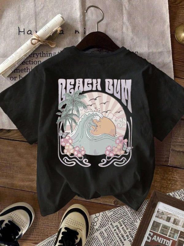 Women'WB shield Vintage Letter & Wave Print Round Neck Graphic Tee, Casual Short Sleeve T-Shirt for Summer, Ladies TNF...