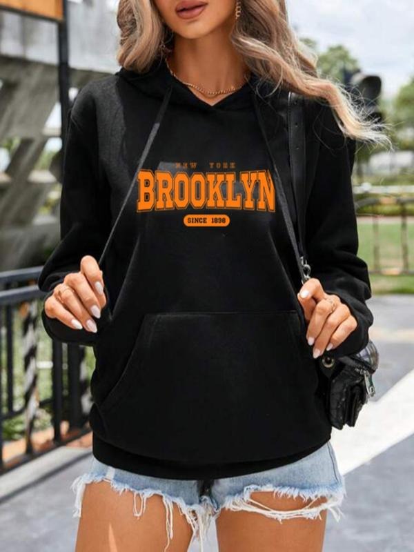 Women'WB shield Vintage Letter Print Drawstring Hoodie, Fashion Casual Pocket Hooded Sweatshirt For Daily Wear, Women...