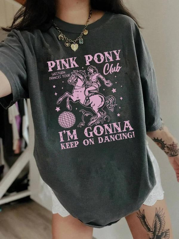 Women'WB shield Vintage Letter Print Round Neck Tee, Casual Pink Pony Graphic Short Sleeve T-Shirt for Summer, Ladies TNF...