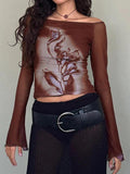 Women'WB shield Vintage Rose Print FOG Shoulder Sheer Tulle Top, Retro Fashion Long Sleeve Flounce Sleeve Top for Fall,...