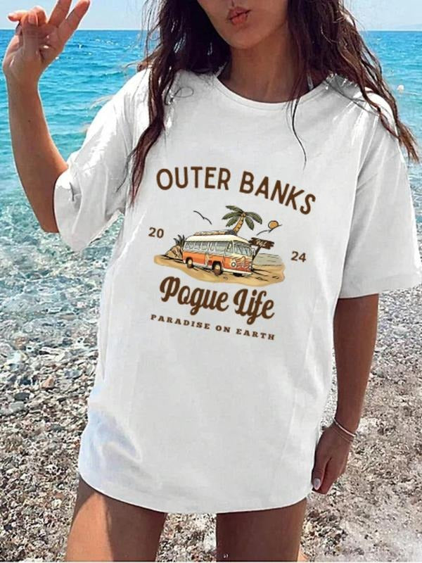 Women'WB shield Vintage Slogan Print Round Neck Tee, Casual Short Sleeve T-shirt for Summer, Ladies TNF for Daily Wear,...