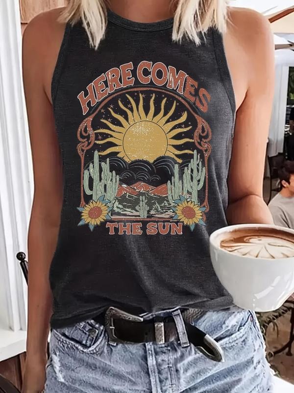 Women'WB shield Vintage Sun Print Round Neck Tank Top, Casual Sleeveless Crew Neck Top for Summer, Ladies TNF for Daily...
