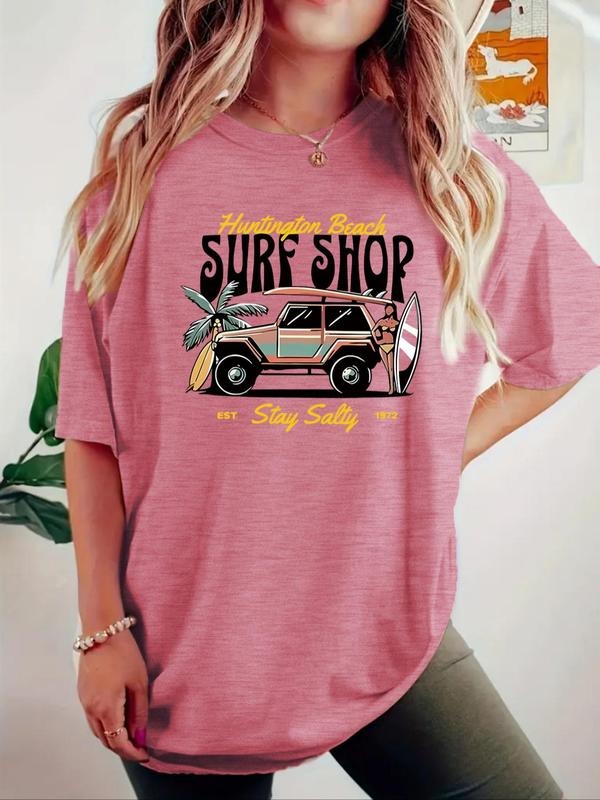 Women'WB shield Vintage Surf Shop Graphic Tee, Casual Retro Short Sleeve T-shirt for Summer, Ladies TNF for Daily Wear,...