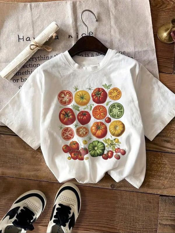 Women'WB shield Vintage Tomato Print Round Neck Tee, Casual Short Sleeve Crew Neck T-Shirt for Daily Wear, Ladies TNF for...