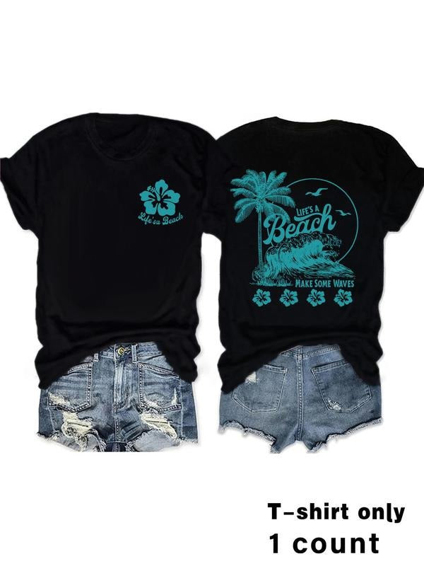 Women'WB shield Vintage Tropical Print Round Neck Graphic Tee, Casual Short Sleeve T-shirt for Summer, Ladies TNF for...