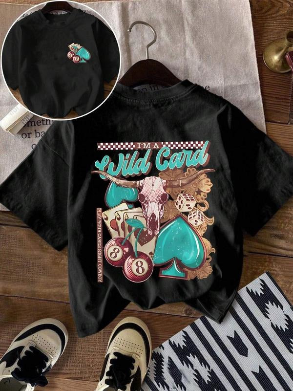 Women'WB shield Vintage Wild West Skeleton Bull Head Print Round Neck Tee, Casual Letter Graphic Short Sleeve T-shirt for...