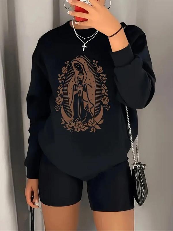 Women'WB shield Virgin Mary & Floral Print Round Neck Sweatshirt, Casual Long Sleeve Pullover for Daily Wear, Ladies TNF...