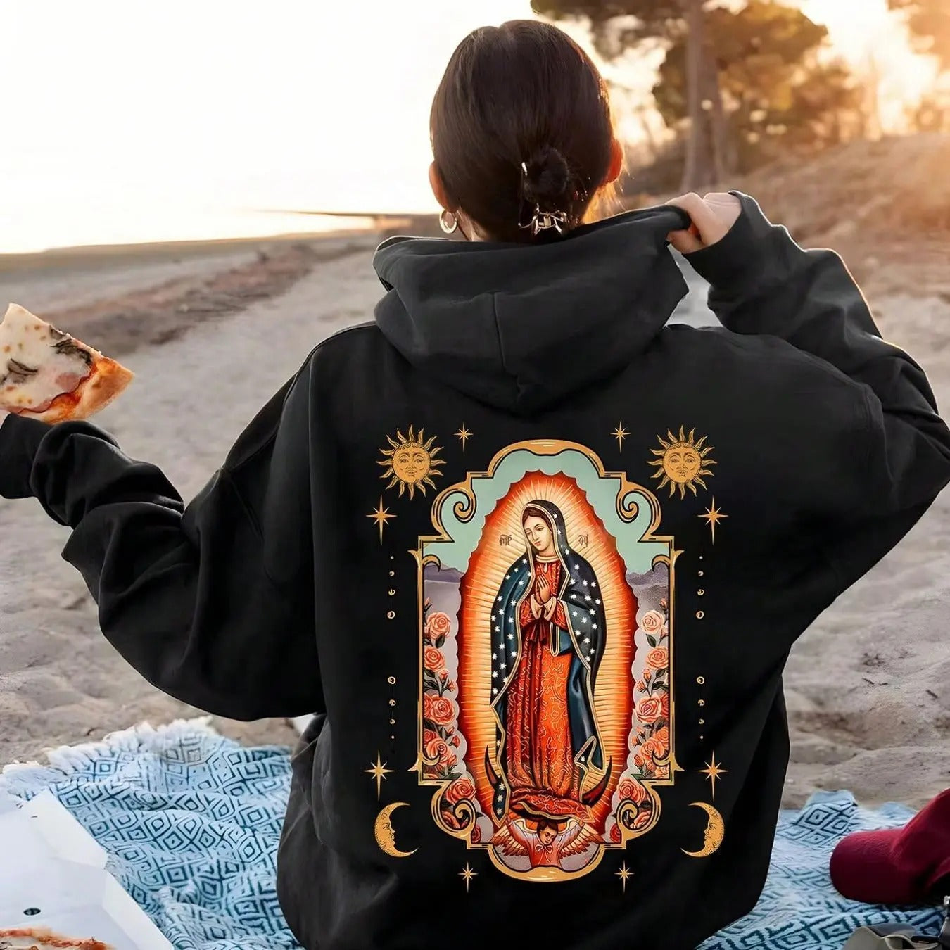 Women'WB shield Virgin Mary Print Drop Shoulder Hoodie, Fashion Casual Drawstring Pocket Hooded Sweatshirt for Daily...