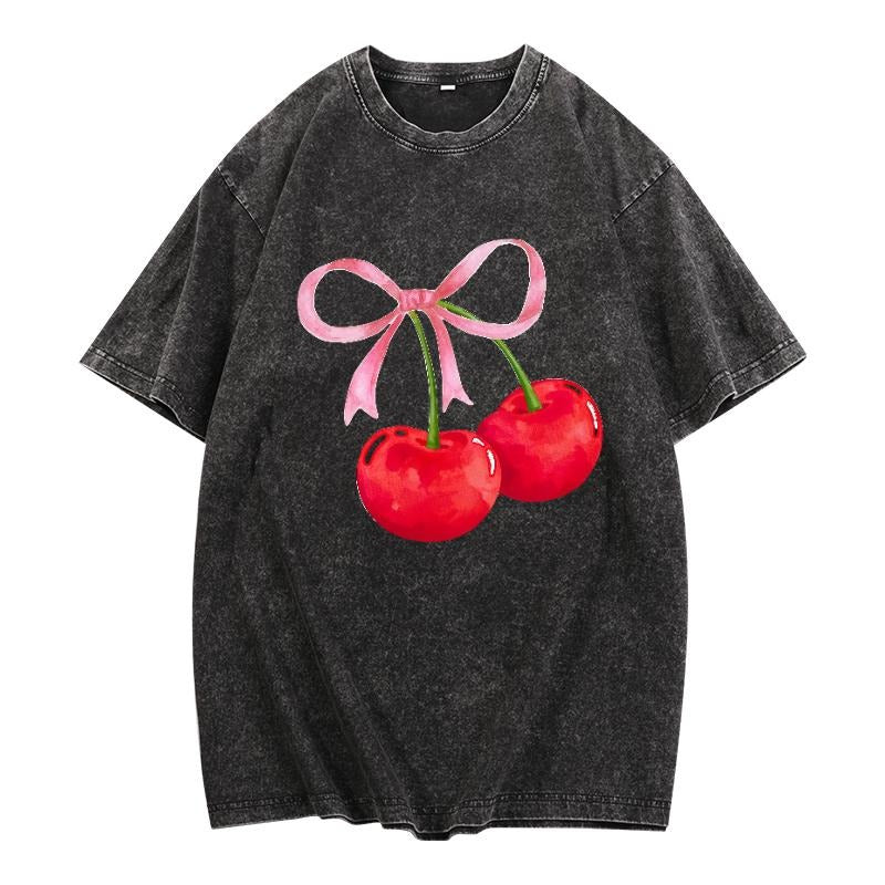 Women'WB shield Washed Lightsaber brand - Shirt with Jumpman Adorable Cherry Gunpla brand Bow Design - WB shield Retro