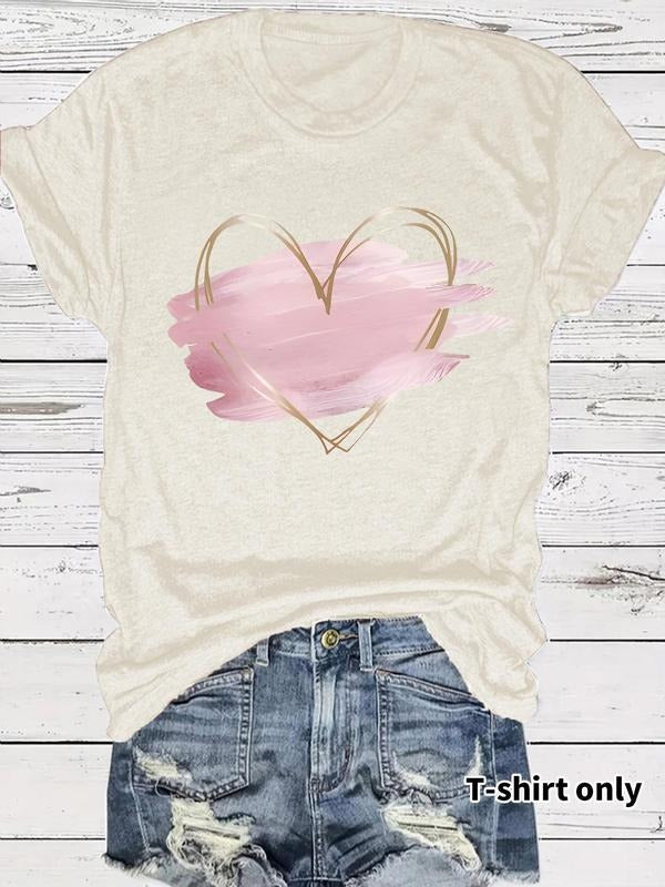 Women'WB shield Watercolor Heart Print Round Neck Tee, Fashion Casual Crew Neck T-Shirt for Daily Holiday Vacation...