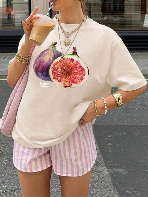 Women'WB shield Watermelon Print Round Neck Tee, Fashion Casual Short Sleeve T-shirt for Daily Holiday Vacation Outdoor...