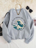 Women'WB shield Wave & Letter Print Drop Shoulder Sweatshirt, Casual Long Sleeve Round Neck Pullover for Fall & Winter,...