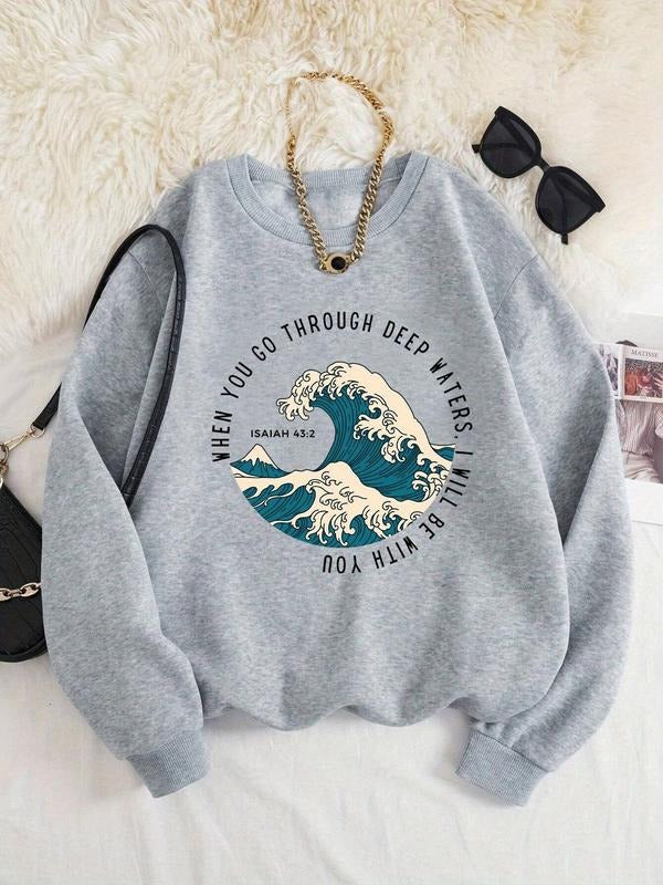 Women'WB shield Wave & Letter Print Drop Shoulder Sweatshirt, Casual Long Sleeve Round Neck Pullover for Fall & Winter,...