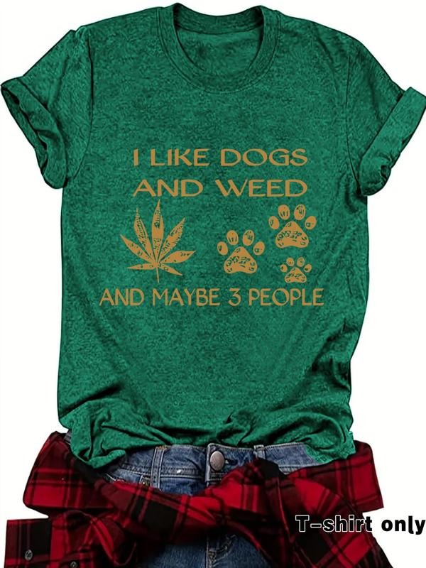 Women'WB shield Weed & Paw Print Round Neck Tee, Fashion Casual Crew Neck T-Shirt for Daily Holiday Vacation Outdoor...
