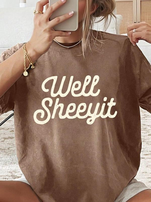 Women'WB shield Well Sheet Letter Print Round Neck Tee, Vintage Trendy Casual Short Sleeve T-shirt for Daily Wear, Ladies...