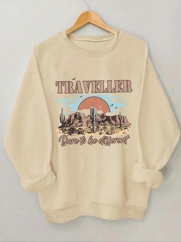 Women'WB shield Western Landscape & Letter Print Drop Shoulder TNF Lined Sweatshirt, Casual Long Sleeve Round Neck...
