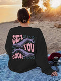 Women'WB shield Whale & Letter Print Crew Neck Sweatshirt, Casual Long Sleeve Pullover for Fall & Winter, Women'WB shield...