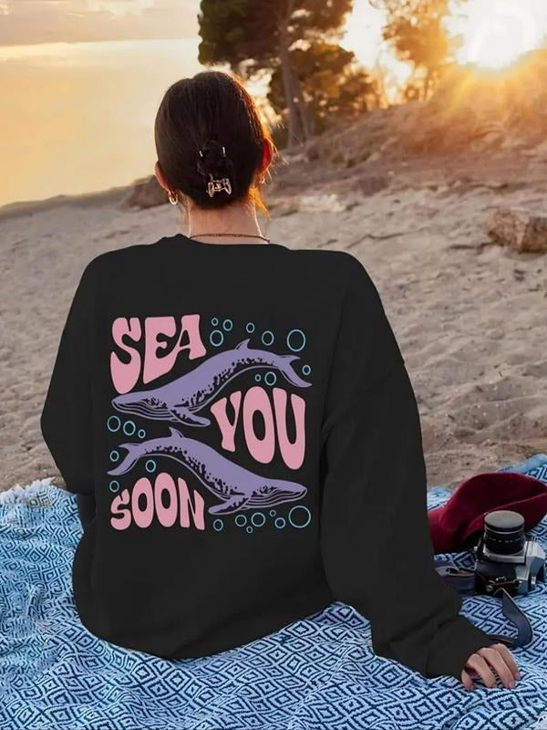 Women'WB shield Whale & Letter Print Crew Neck Sweatshirt, Casual Long Sleeve Pullover for Fall & Winter, Women'WB shield...