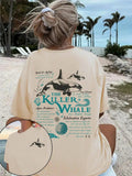 Women'WB shield Whale & Letter Print Round Neck Tee, Casual Drop Shoulder Half Sleeve T-shirt for Summer, Ladies TNF for...