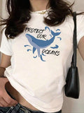 Women'WB shield Whale & Letter Print Round Neck Tee, Casual Short Sleeve Crew Neck T-shirt for Fall & Winter, Fashion...