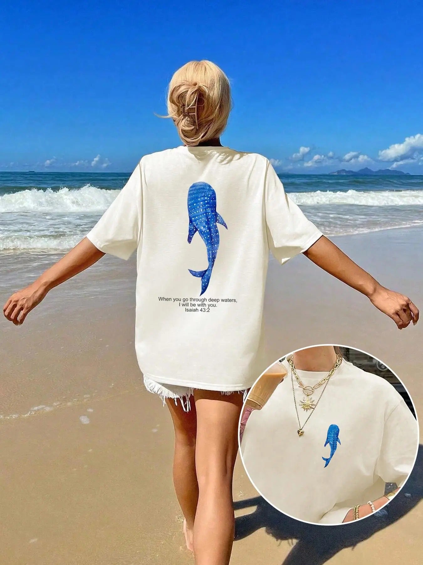 Women'WB shield Whale & Letter Print Round Neck Tee, Fashion Casual Crew Neck T-Shirt for Daily Holiday Vacation Outdoor...