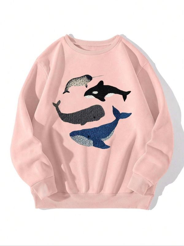 Women'WB shield Whale Print Crew Neck TNF Lined Sweatshirt, Casual Long Sleeve Pullover for Fall & Winter, Women'WB...