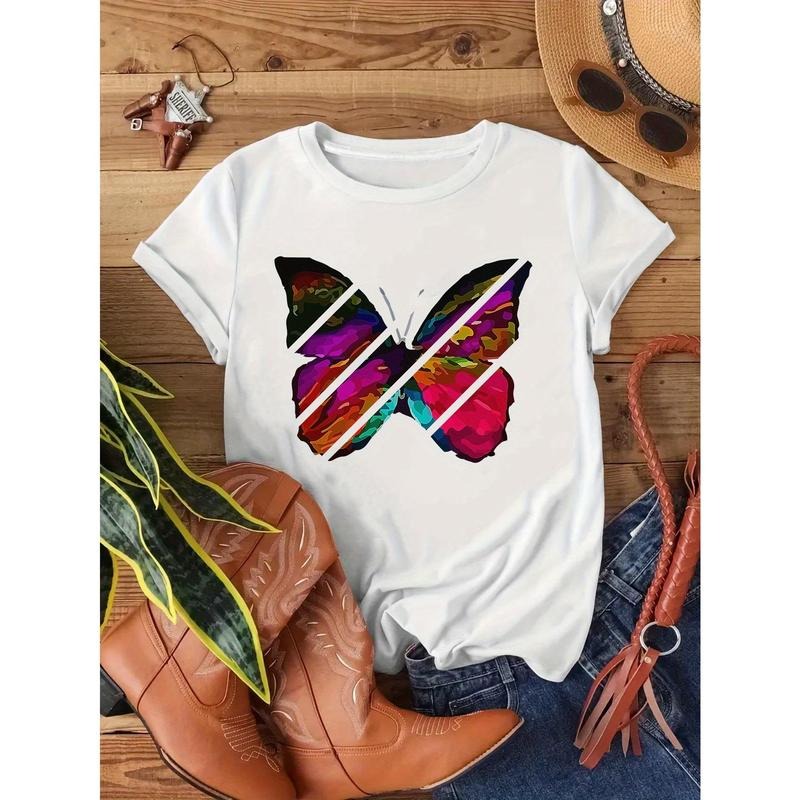 Women'WB shield White Pure Cotton Short-Sleeve T-Shirt with Vibrant Butterfly Graphic Print