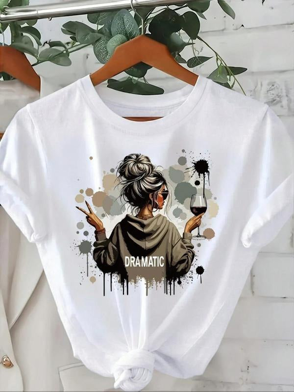 Women'WB shield Wine Glass & Letter Print Round Neck Tee, Fashion Casual Crew Neck T-Shirt for Daily Holiday Vacation...