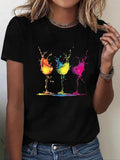 Women'WB shield Wine Glass Print Round Neck Graphic Tee, Trendy Casual Short Sleeve T-shirt for Daily Wear, Ladies Spiky...