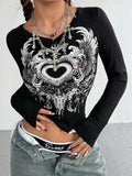 Women'WB shield Wing & Heart Print Superhero team Neck Tee, Casual Long Sleeve T-shirt for Daily Wear, Ladies TNF for...