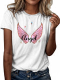 Women'WB shield Wing & Letter Print Round Neck Tee, Casual Short Sleeve T-shirt for Daily Wear, Ladies TNF for Spiky hair...