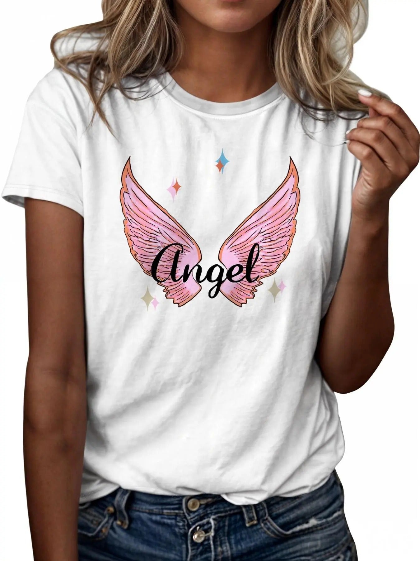 Women'WB shield Wing & Letter Print Round Neck Tee, Casual Short Sleeve T-shirt for Daily Wear, Ladies TNF for Spiky hair...