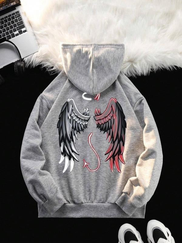 Women'WB shield Wing Print Drop Shoulder Hoodie, Fashion Casual Drawstring Pocket Hooded Sweatshirt for Daily Holiday...