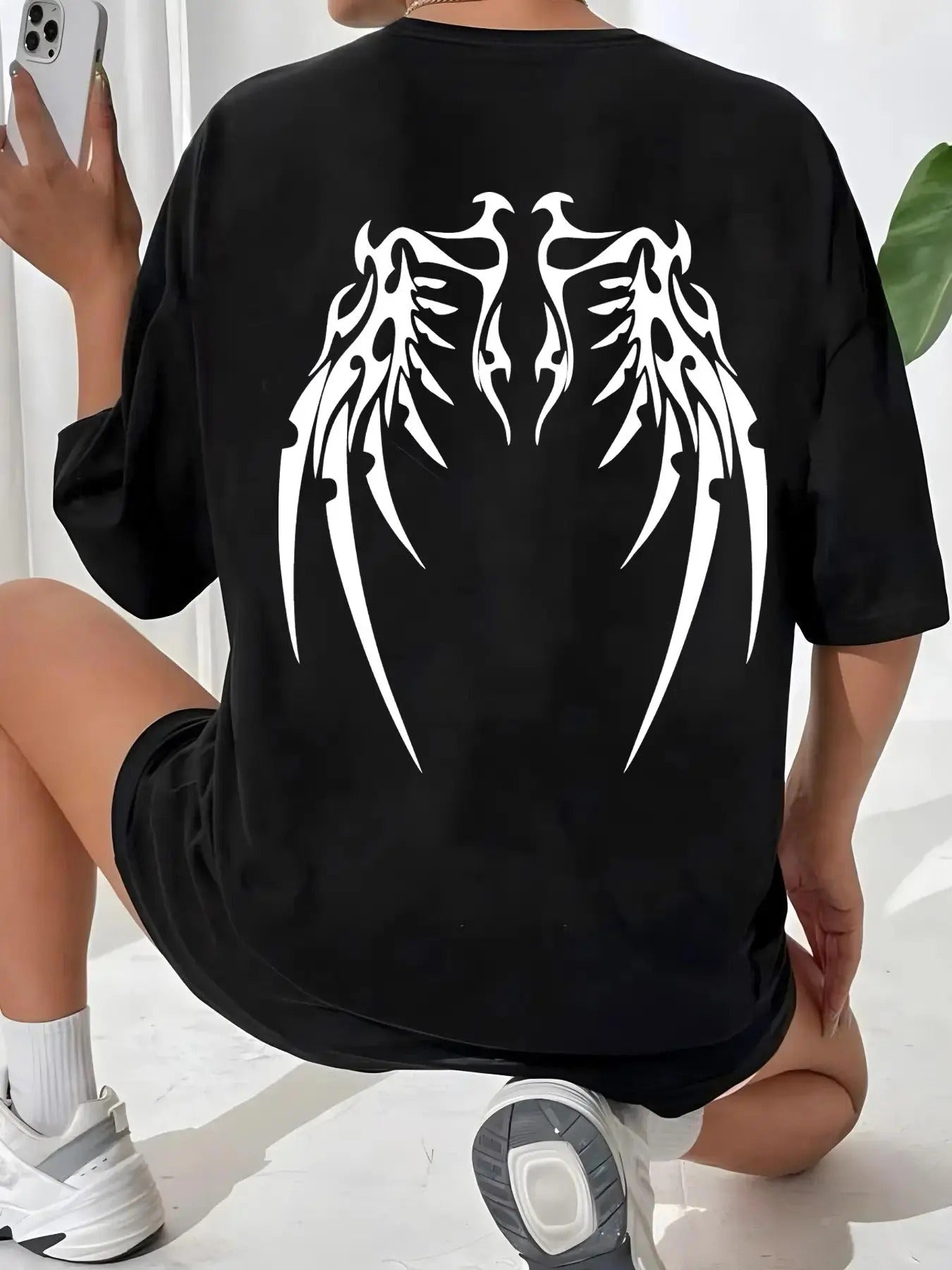 Women'WB shield Wing Print Drop Shoulder Tee, Casual Streetwear Graphic Half Sleeve Round Neck T-Shirt for Daily Wear,...