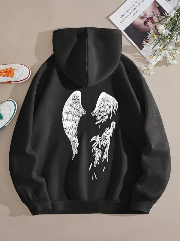 Women'WB shield Wings Print Pocket Drawstring Hoodie, Fashion Casual Drop Shoulder Long Sleeve Hooded Sweatshirt for...