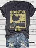 Women'WB shield Woodstock 1969 Print Round Neck Graphic Tee, Vintage Trendy Casual Short Sleeve T-shirt for Daily Wear,...